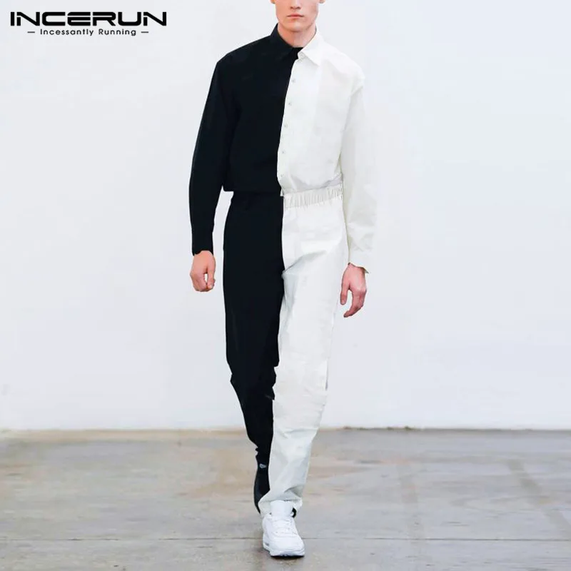 Fashion Men Pants Jumpsuits Joggers Cargo Overalls INCERUN Rompers Patchwork Chic Lapel