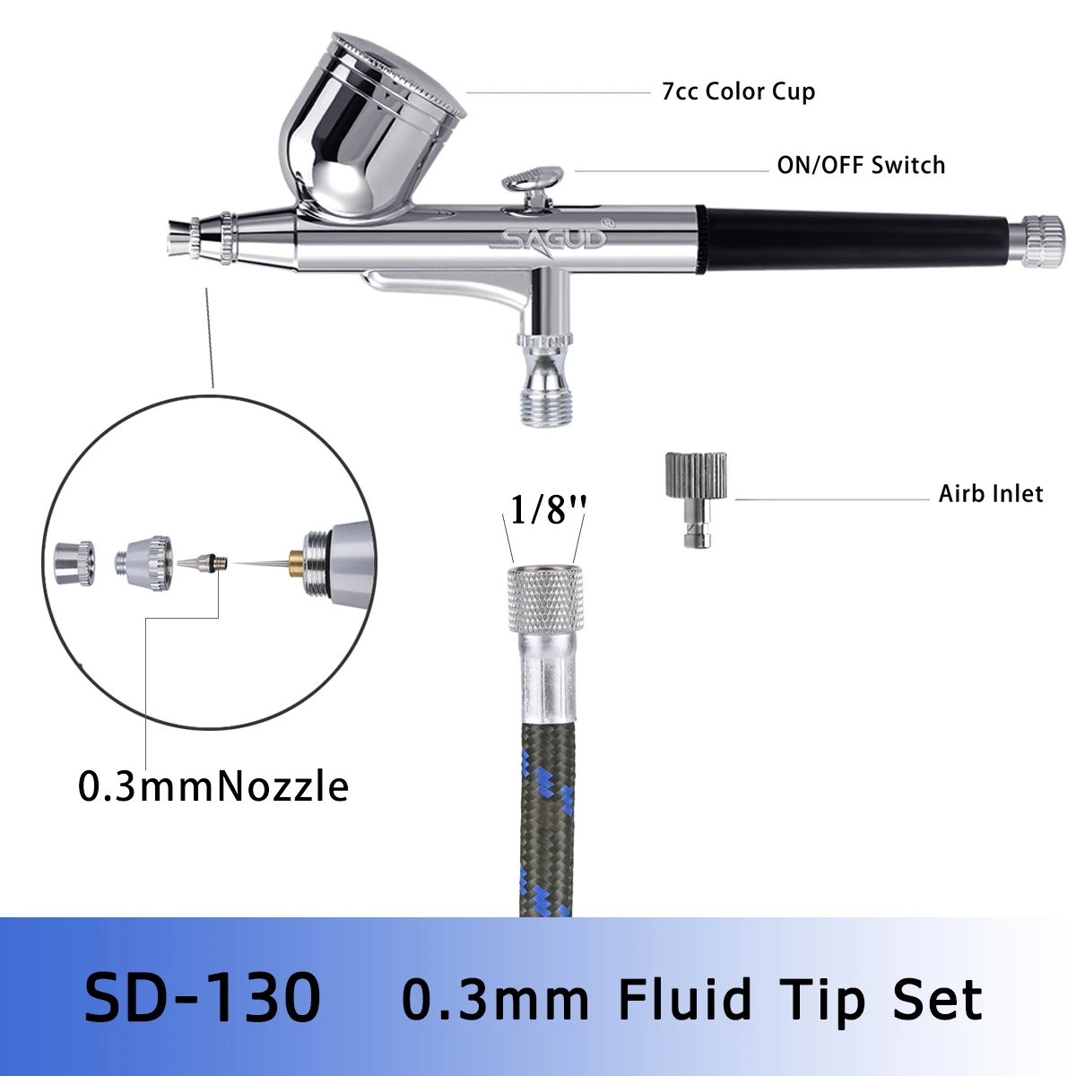 SAGUD Airbrush Kit Dual-Action Gravity Feed Air Brush Set with 0.3mm and 1/3 oz. for Hobby, Models, Art, Tattoo, Nail Art, Cake