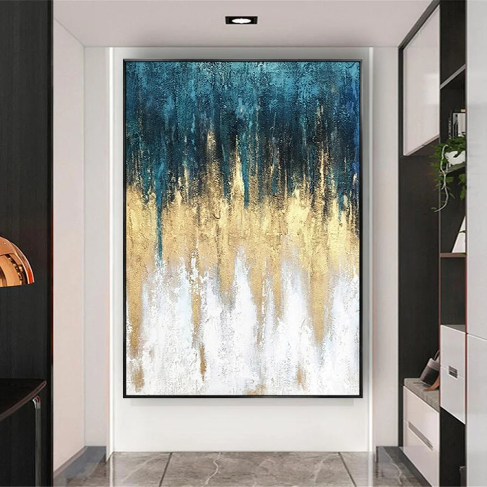 

High Quanlity Handpainted Oil Painting Gold Foil Thick Textured Canvas Wall Art For Living Room Home Hall Picture Decor Blue Art