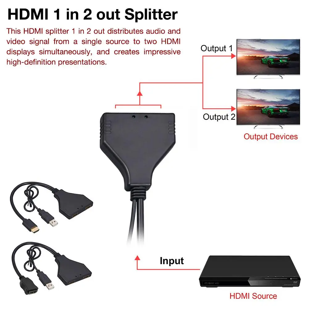HDMI 1 In 2 Out Splitter HD Male Female Splitter Adapter Cable With USB For 480I 480P 720P 1080I 1080P 4K