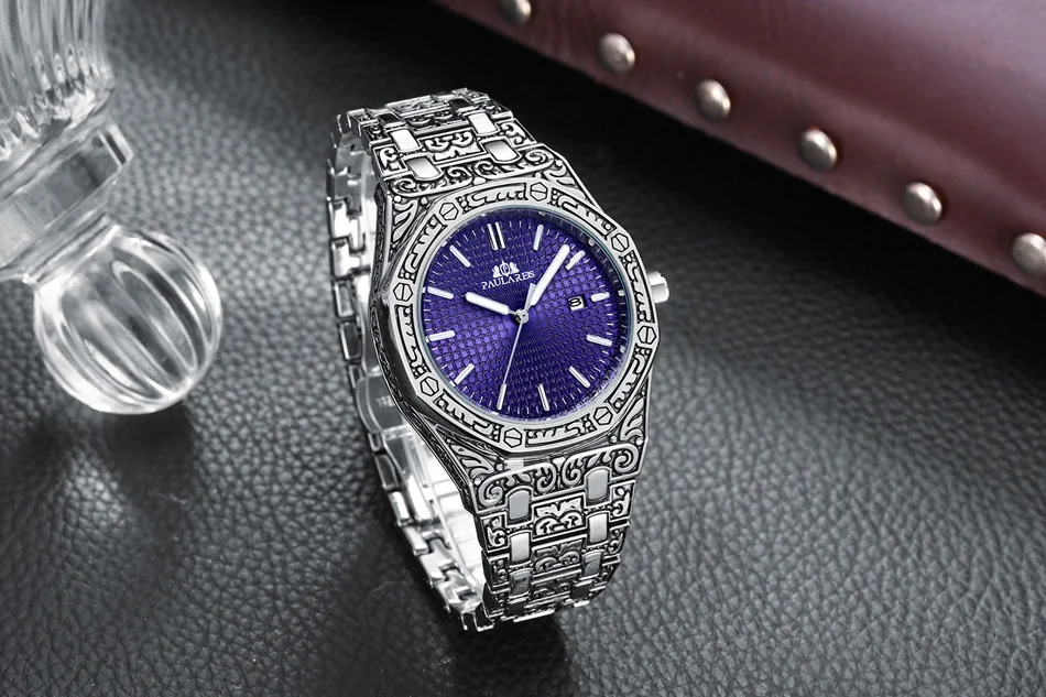 Lusso antico intagliato vintage luminoso oro rosa oro giallo argento 2 toni blu quarzo classico da uomo_voghion.com
