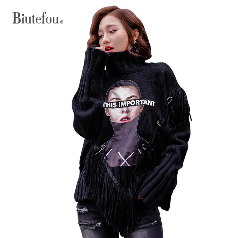 

2019 Women character patch designs turtleneck sweaters autumn and winter thick tassel pin decoration knitted Tops
