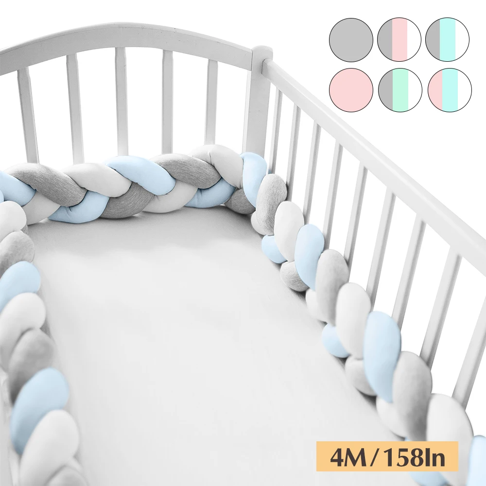 BLUE-GREY-WHITE 4M Детская кровать бампер 2 м 3 м 4 м длинная завязанная узлом, заплетенная кроватка для новорожденного кроватки ограждение Коврик защитный узел Защитные подушки, Постельные Принадлежности Декор для младенцев 2 м/3 м - Цвет: BLUE-GREY-WHITE 4M
