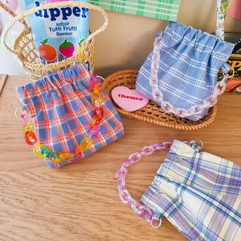 

Small Plaid Chain Handbag Girls Fashion Cosmetic Case Children Grid Cute Shrapnel Rainbow Colorful Makeup Organizer Coin Bag