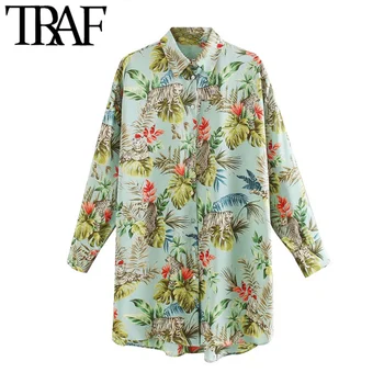 

TRAF Women Chic Fashion Animal Print Loose Blouses Vintage Lapel Collar Long Sleeve Asymmetric Female Shirts Chic Tops