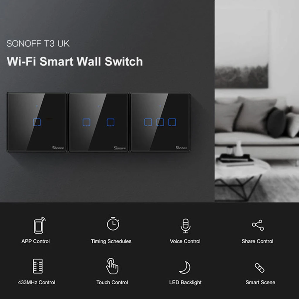 Интеллектуальный выключатель света SONOFF T3 1/2/3 серии TX Wifi светильник выключатель закаленное Стекло поверхности Смарт-поставляет Великобританию Стандартный