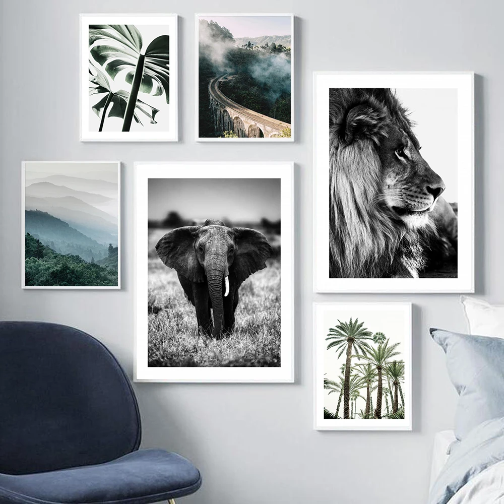 

Nature Plant Leaf Landscape Poster Lion Animal Canvas Wall Art Print Nordic Plam Tree Starry Night Decorative Picture Home Decor