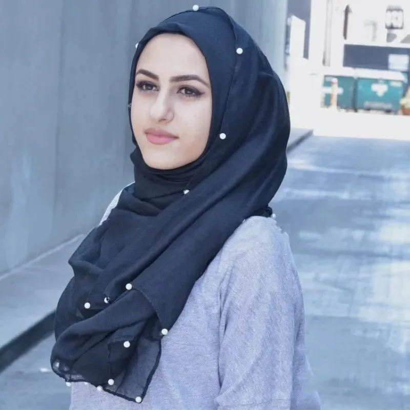 

2019 NEW pearl plain hijab scarf solid muslim headband soft volie scarves shawls pearls oulard bead muffler encharpe