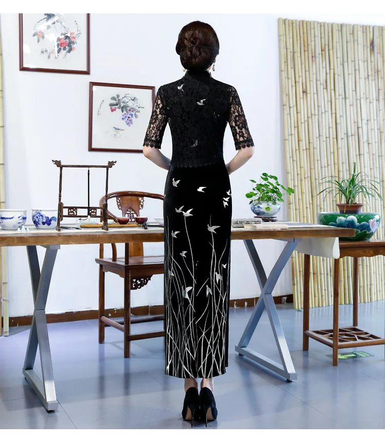 Китайский традиционный осенний стиль Чонсам Кружева Cheongsam лаконичное элегантное платье-Чонсам с коротким рукавом длинное платье без рукавов Qipao