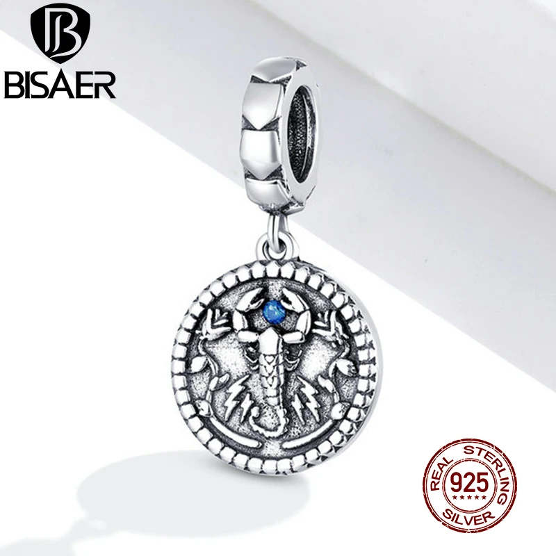 Винтажный Шарм Скорпион BISAER из серебра 925 пробы с синим цирконием круглые бусины
