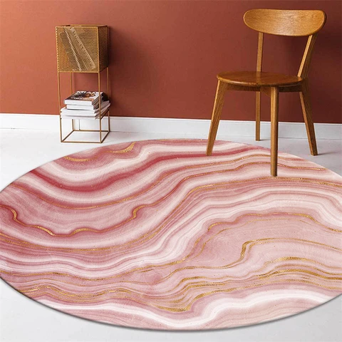 Nordic Abstract Marble Texture Pink Purple Round Carpet For Girl Home Bedroom Decor Floor Mat  Washable Carpet Chair Rug Cute