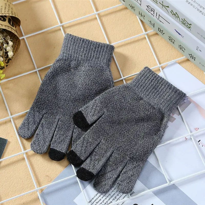 Зимние женские и мужские вязаные перчатки, шерстяные теплые варежки на полный палец, тянущиеся перчатки для верховой езды, женские вязаные утолщенные перчатки Luvas - Цвет: Grey