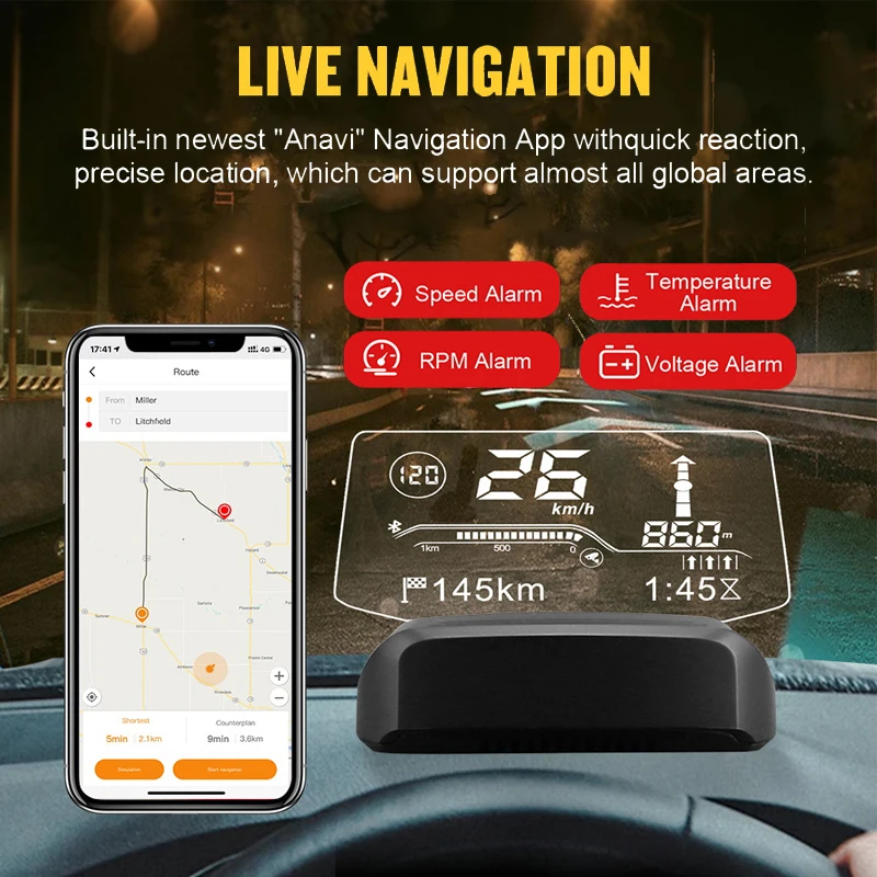 On Board Computer With Bluetooth Live Navigation HUD OBD2 Speed Fuel Consumption Head Up Display Car Electronics On Board Computer With Bluetooth Live Navigation HUD OBD2 Speed Fuel Consumption Head Up Display Car Electronics
