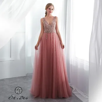 

S.T.DES Evening Dress 2020 New Arrival A-line V-neck Pink Sleeveless Designer Floor Length Party Dress Dinner Dress