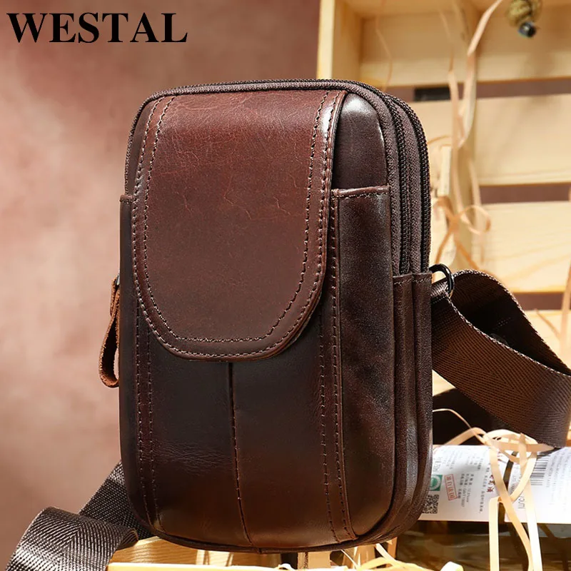 

WESTAL Men's Shoulder Bag for Men Men's Bags Genuine Leather Small Male Messenger/Crossbody Bags Belt Bag for phone flap 8950