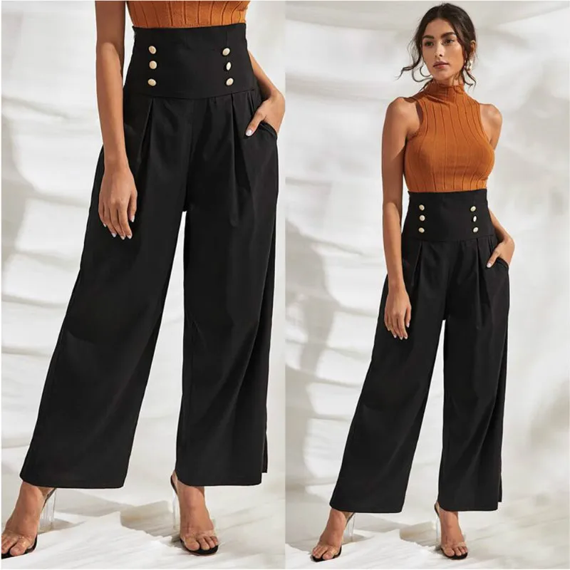

Women Fashion High Waist Flared Wide Leg OL Work Button Long Trousers Pants