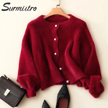 

SURMIITRO Mink Cashmere Knitted Short Cardigan Women 2020 Autumn Winter Korean Long Sleeve Cardigan Female Coat Sweater Knitwear