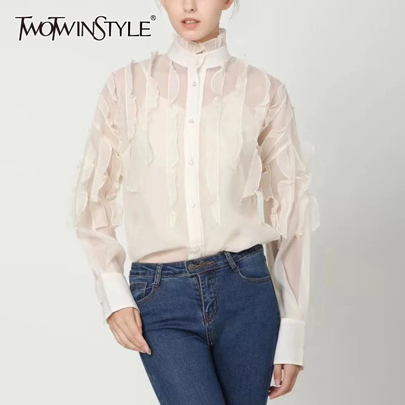TWOTWINSTYLE, повседневные Лоскутные блузки для женщин, стоячий воротник, длинный рукав, перспективная рубашка для женщин, мода, одежда