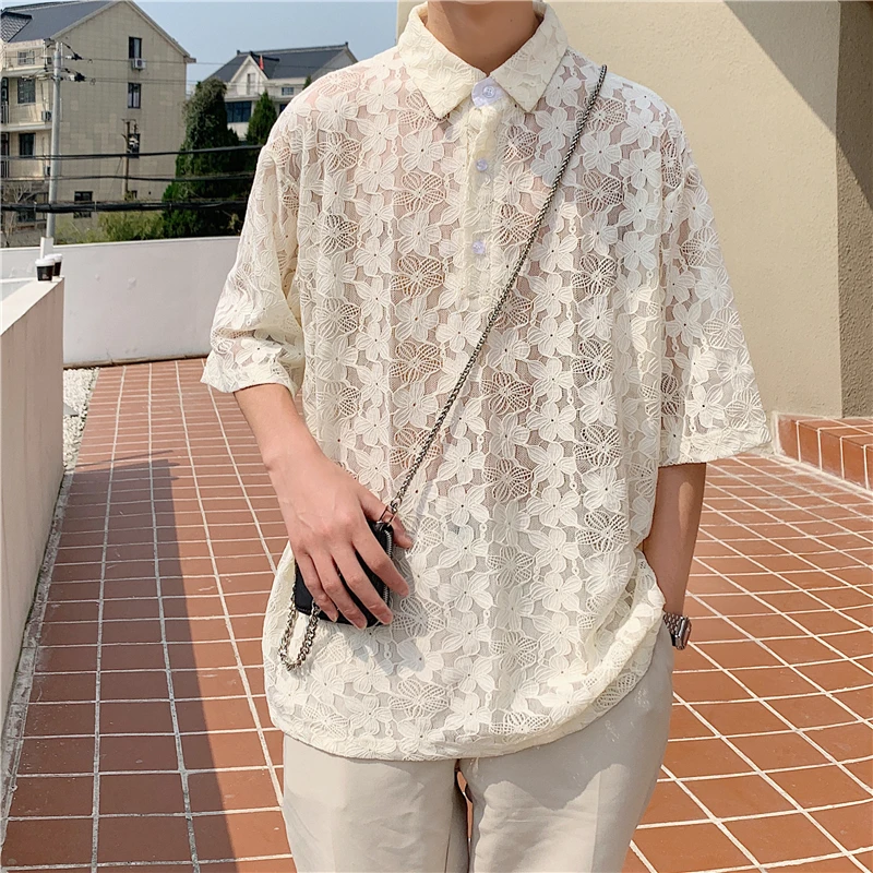 Lace Flowers Shirts Mens Loose Transparent Clothing Mens Black Sexy See  Through Clothes For Mens Fashionable Blouse Beige Hollow - Shirts -  AliExpress