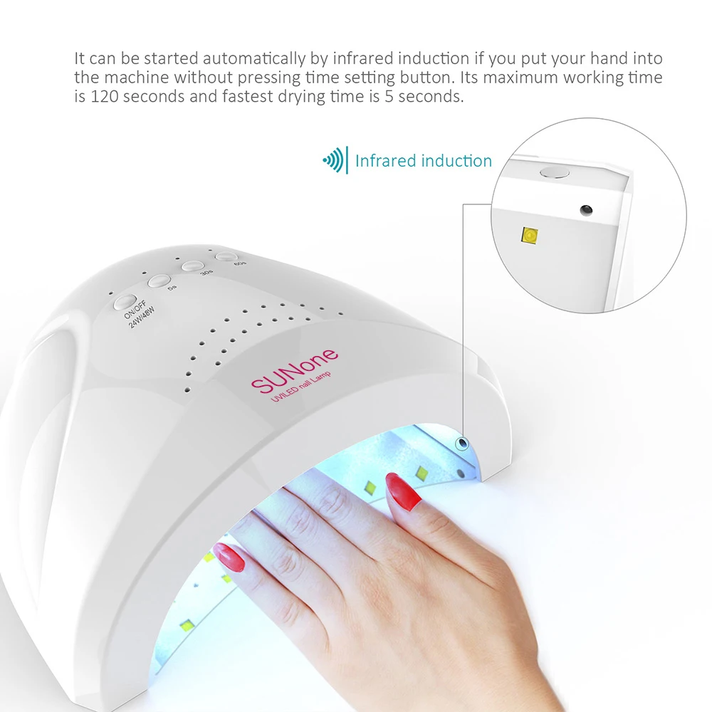 SUNone Smart 48W LED UV Lamp Nail Lamp Nail Polish Dryer with 3 Timers Fingernail Toenail Gel Curing White Light Heater Machine
