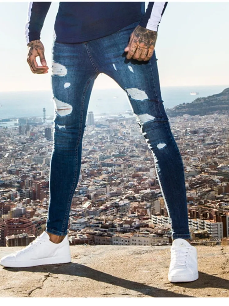 Pantalones vaqueros rasgados ajustados para hombre, ropa de calle de Hip-hop, Color Azul, Gris, blanco, pitillo, prendas de vestir de motorista, talla S-3XL