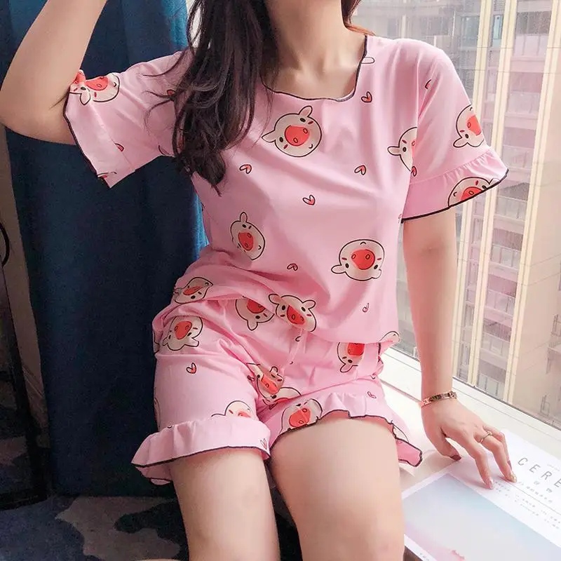 Cute Women Cartoon Kawaii Sleepwear Summer Print T-shirt Tops+ Elastic Waist Casual Loose Shorts Pajama Sets Home Clothing