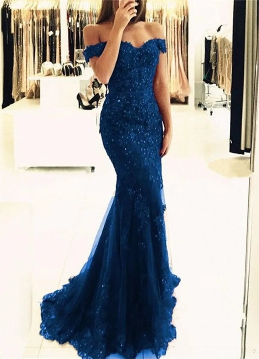 

robe de soiree Lace Mermaid Appliques Off-the-shoulder Evening Dresses 2020 Vestido De Festa Beaded Sequins Mother Prom Gowns