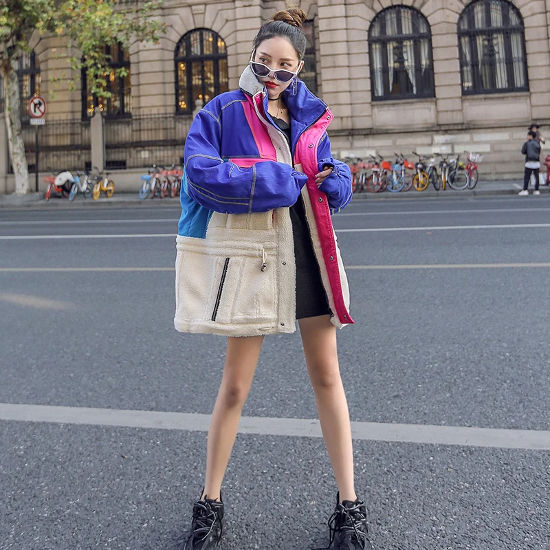 

Lamb Wool Coat Female Autumn Winter Cotton Coat 2021 Winter Korean Loose Long Lambskin Cotton Coat Fashion Warm Thick Parkas