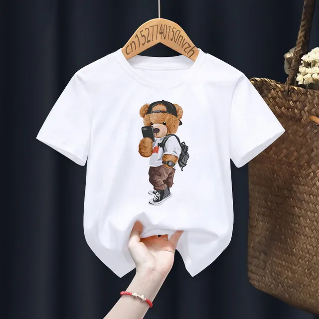 Funny Bear Riding Motorcycle Print Boy Girl White T-shirt Kid Summer Harajuku Kawaii Funny Little Baby Y2K Clothes,Drop Ship 13