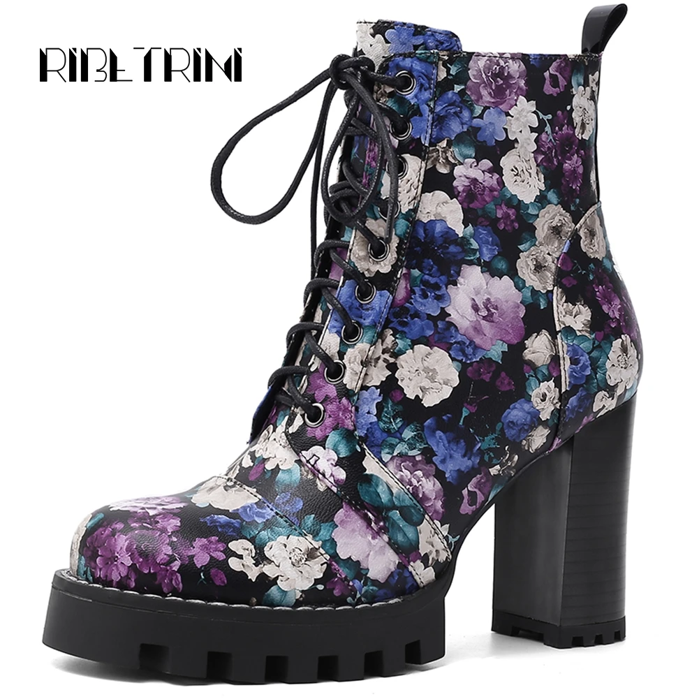 

RIBETRINI Colorful Flower Print Ankle Boots For Women Vintage Trunky Heels Platform Boots Women Patent Leather Shoes Woman