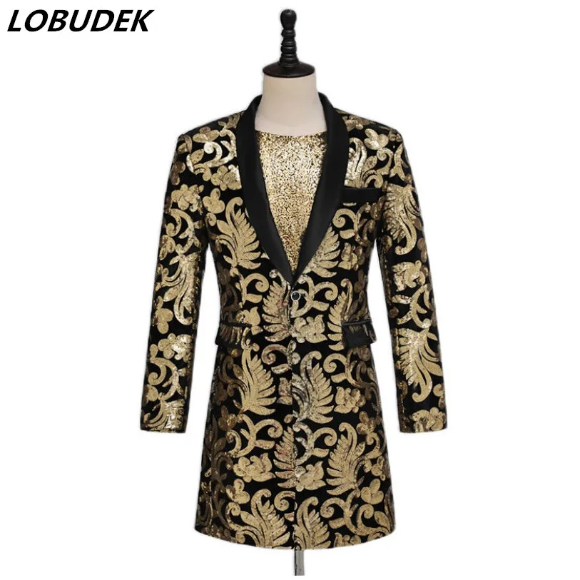 

Male Singer Stage Dance Long Black Gold Sequin Suit Jacket Magician Host Shiny Blazer Coat Bar Nightclub Performance Costume