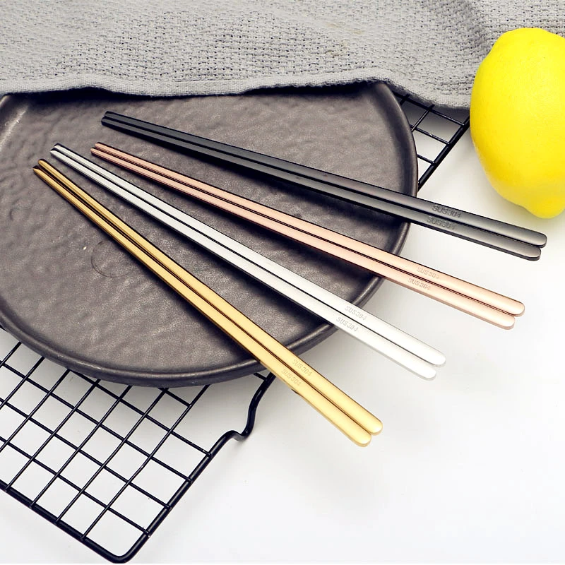 5 Pairs Reuseable Korean Household 304 Stainless Steel Chopsticks Flat Sushi Hashi Chop Sticks 23cm Dinnerware Gold Chopsticks