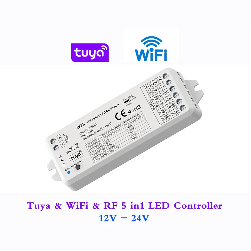 5 in 1 LED Controller Tuya 2.4G Wifi Converter Smart Life APP Voice Cloudy For DC 12V 24V RGB +CCT RGBW RGBWW Single Color Strip 10 100base tx to 100base fx st smart media converter