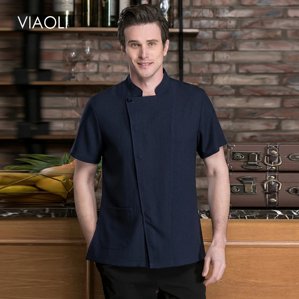

High quality Casual Soft Chef Jackets Short Sleeve Oblique Collar Kitchen Catering Restaurant Food Serive Work Uniform Unisex