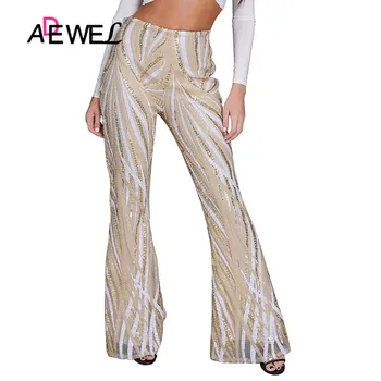 

ADEWEL Women Party Club Glitter Wide Leg Trousers Black Bell Bottom Pants Sexy Nightclubs Shiny Sequin High Waist Flare Pants