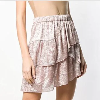 

Women's Ruffles Elastic Waist Mini Skirt Glitter A-line Lady Spring Summer Skirts