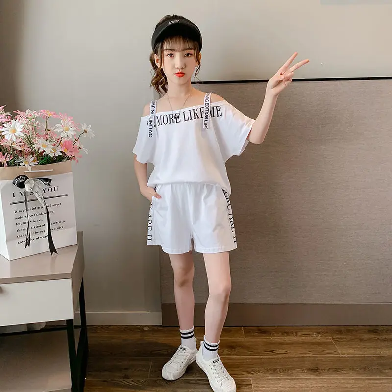 Комплект для девочек летняя модная футболка с открытыми плечами + короткие штаны