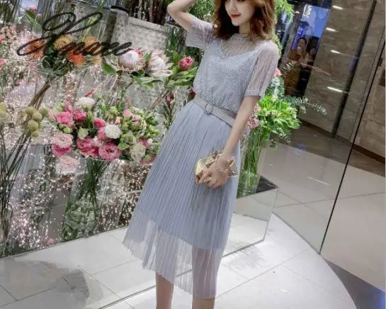 

2020 summer new strap sequined mesh dress + lace shirt + embroidery beaded belt three-piece skirt