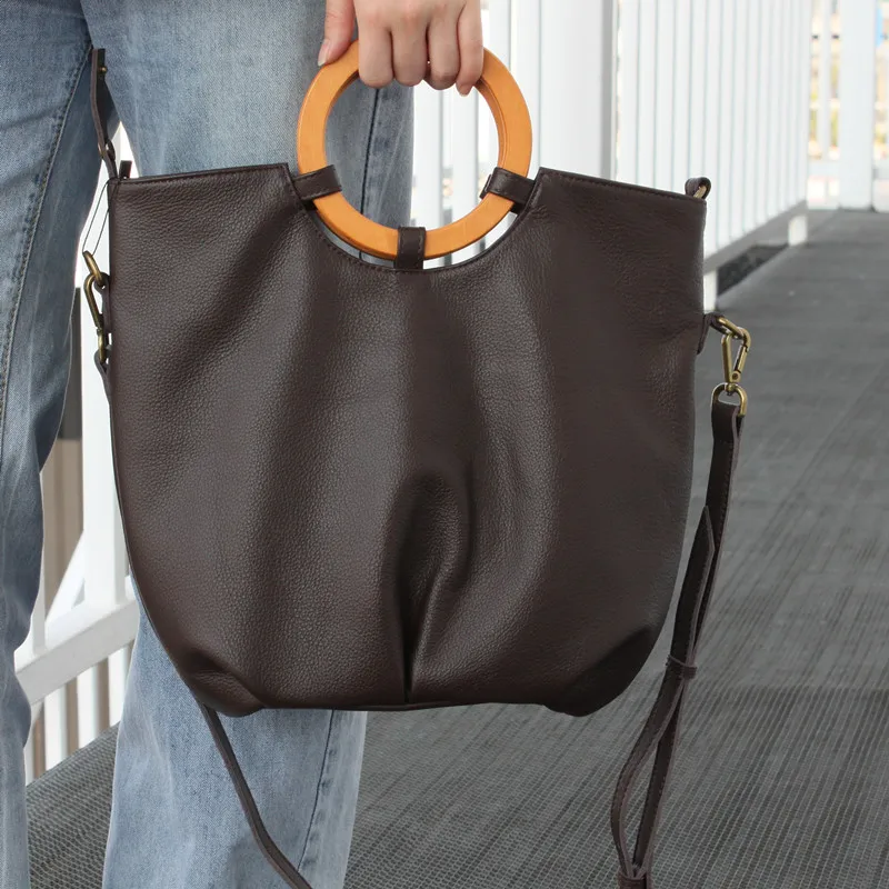 

Vintage Wooden Handle Handbag Women Soft Genuine Leather Folded Clouds Large Capacity Totes New Female Shoulder Crossbody Bags