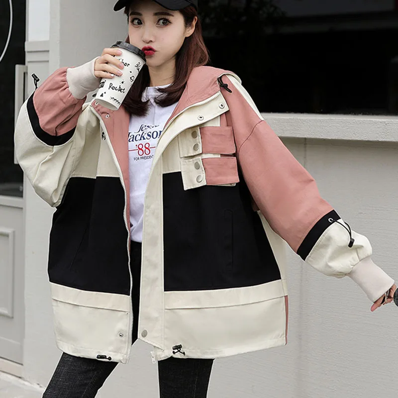 Весна Осень Женская Куртка Harajuku колледжа ветровка женская с длинным рукавом Свободная Корейская Куртка карго цвета сочетающаяся куртка