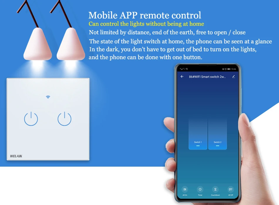 WELAIK UK wifi-сенсорный выключатель-Хрустальное стекло-панель настенный-Интеллектуальный переключатель-светильник Smart-Switch 2g-1way B1921CW& wifi
