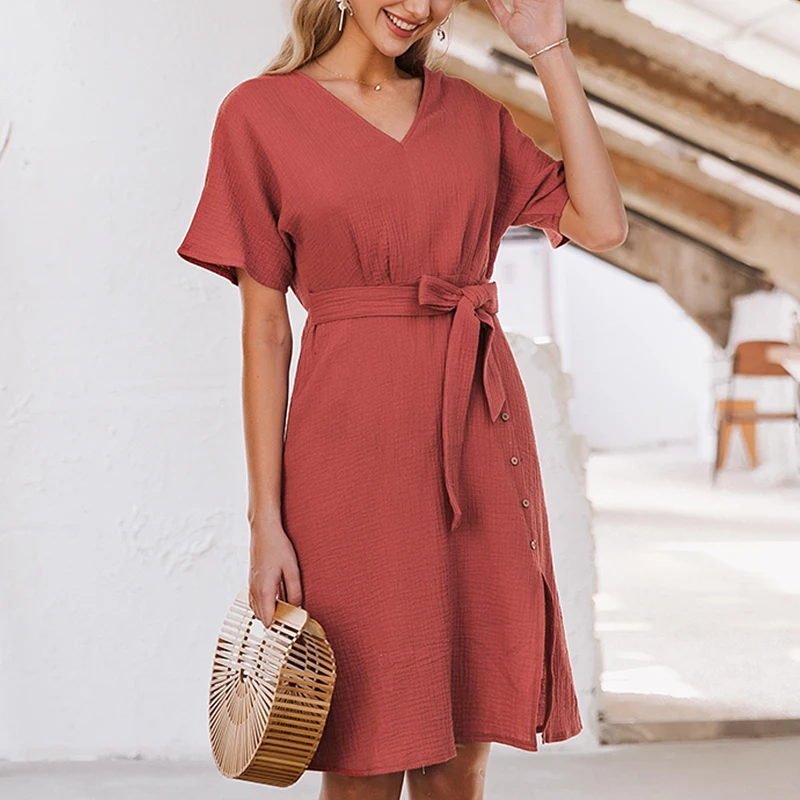 

JaMerry Elegant v neck women dress Streetwear strap buttons cotton summer dress Work wear solid batwing sleeve office dress 2020