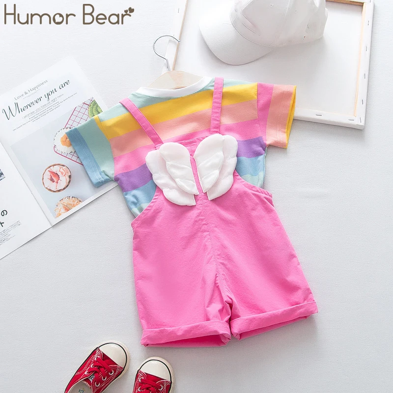 pink Humor Bear/ г., осенний костюм для детей корейский красочный костюм с короткими рукавами с крыльями+ штаны на бретелях одежда для маленьких девочек - Цвет: pink