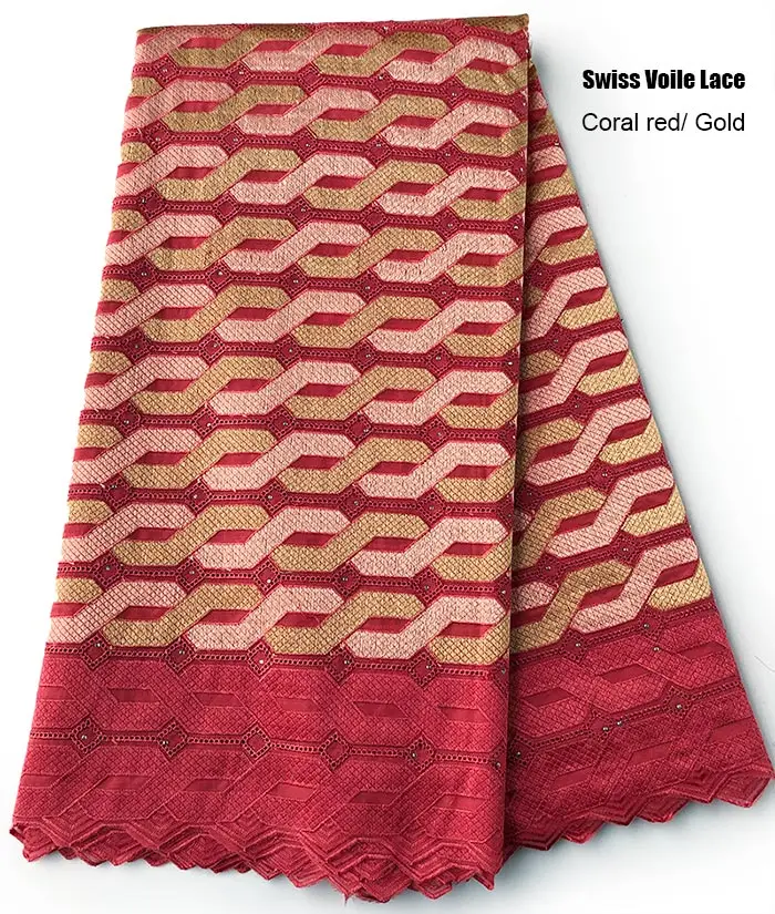 Coral red Gold 5 ярдов мягкая африканская швейцарская вуаль кружевная ткань высокого качества хлопок нигерийская Гана швейная одежда хороший выбор - Цвет: Coral red Gold