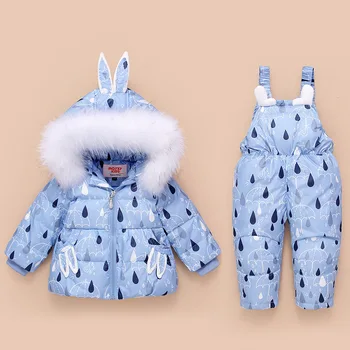 

Fur Hooded Boy Baby Overalls Girl Winter Down Jacket and Down pants Warm Kids Coat Children Snowsuit Snow Clothes Clothing Set