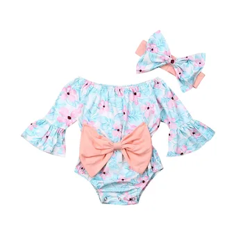 

Autumn Newborn Kids Baby Girls Floral Jumpsuit Flare Sleeve Bodysuit Headband Bow Knot Bodysuits Clothes Sunsuit Baby Clothing