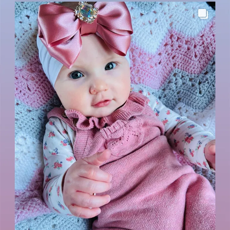 

2021 Summer Baby Nylon Headbands Big Bow Newborn Girl Diamond Hair Accessories Toddler Birthday Headdress Solid Color Turban