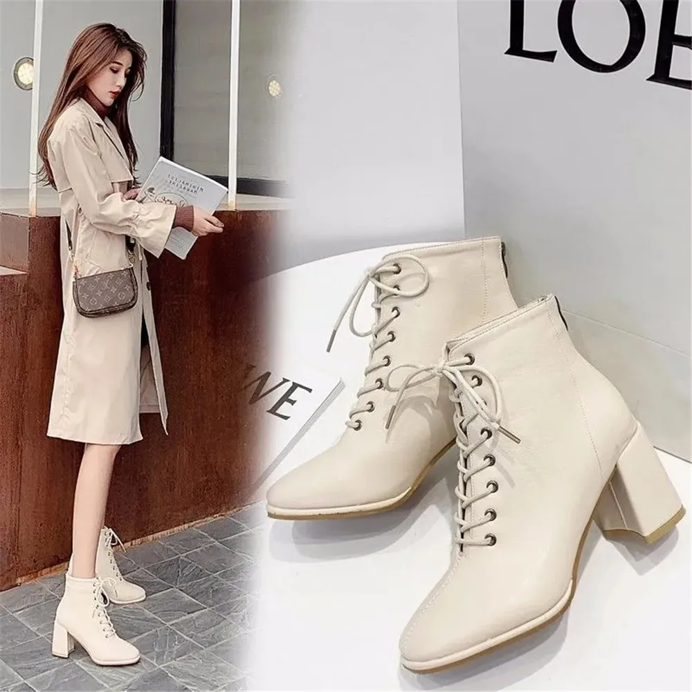 

New Women Square Head Ankle Boots Fashion Cross Strap Square High Heels Autumn Shoes Office Lady Boots Black Beige Eu Size 35-40