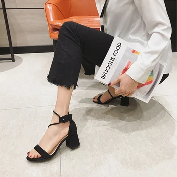

2020 Korean thick heeled suede Velcro round head hollow breathable wear-resistant ladies sandals female high-heeled shoes BG-73