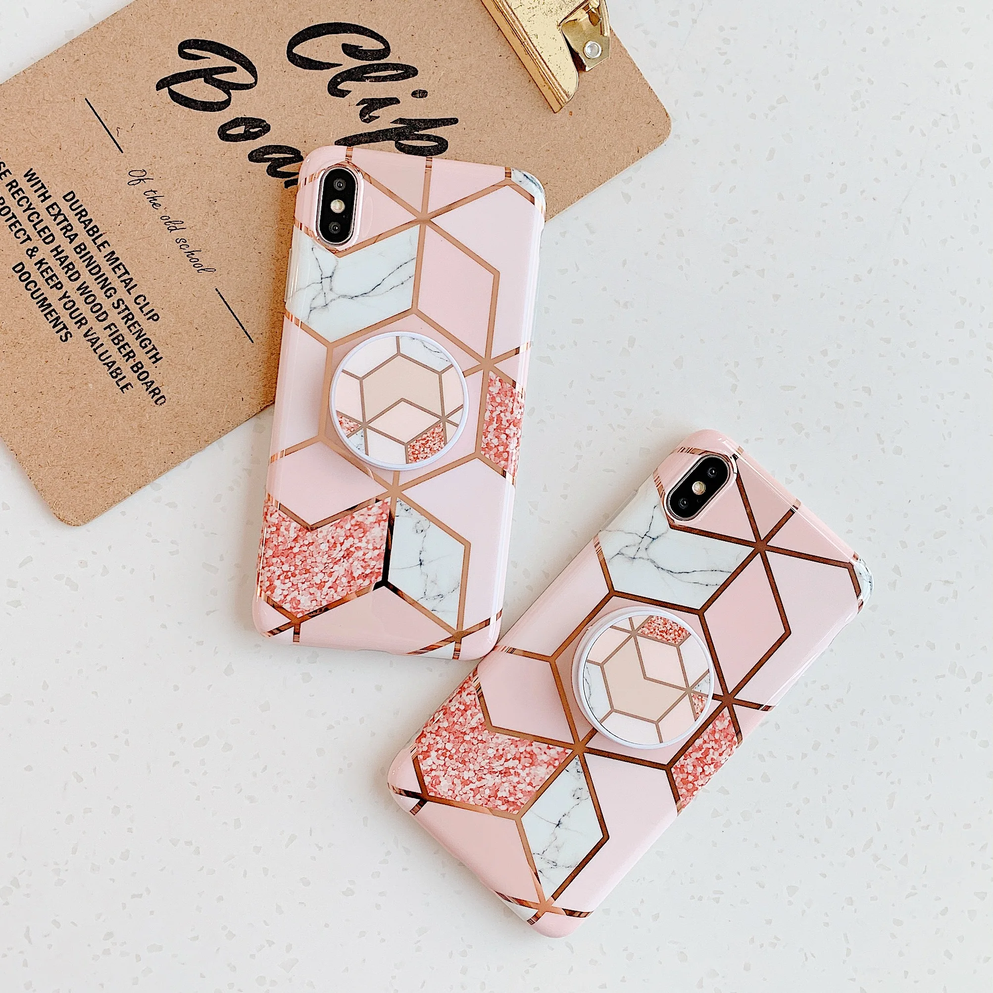 

Electroplated Gold Stripe Geometric Mosaic Pink Marble Phone Cases for iPhone XS MAX XR X 6 6s 7 8 Plus Stand Holder Back Cover